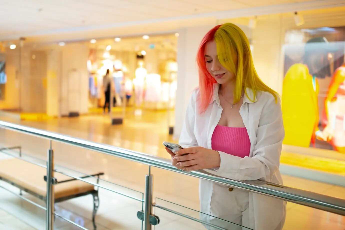 Женщина, вид спереди, совершает покупки в торговом центре.